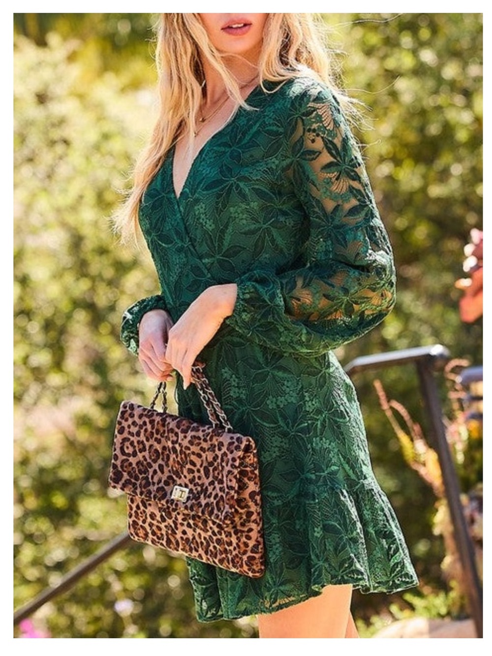 🟠NWT MAIN STRIP V-Neck Bubble Sleeve Waist-Tie Lace Mini Dress in Emerald Green